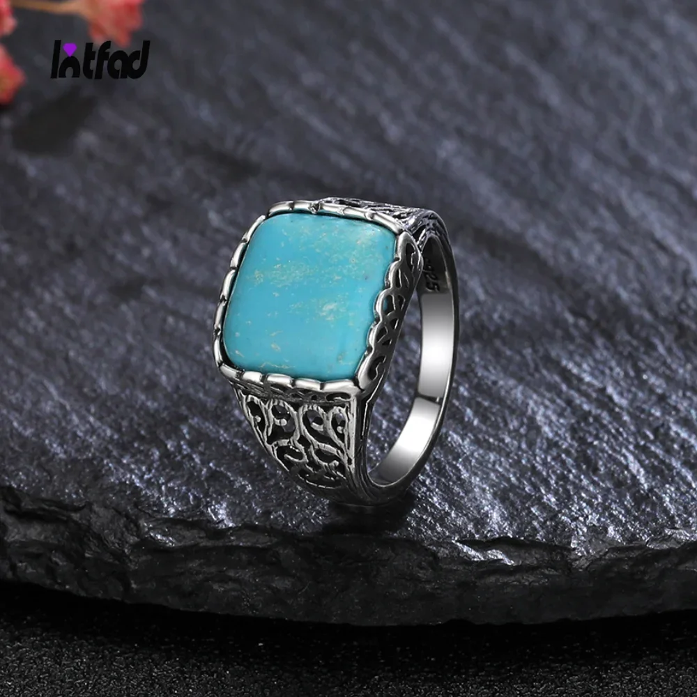 

Retro 925 Sterling Silver Rings Square Natural 12*12mm Turquoise Finger Ring Women's Fine Jewelry Gift Simple Fashion Style