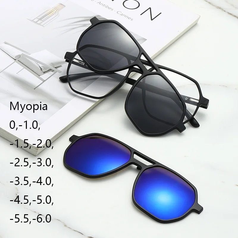 

6 In 1 Men Women Discoloration Myopia Glasses Frame TR90 Polarized Optical Magnetic Clip on Sunglasses Prescription