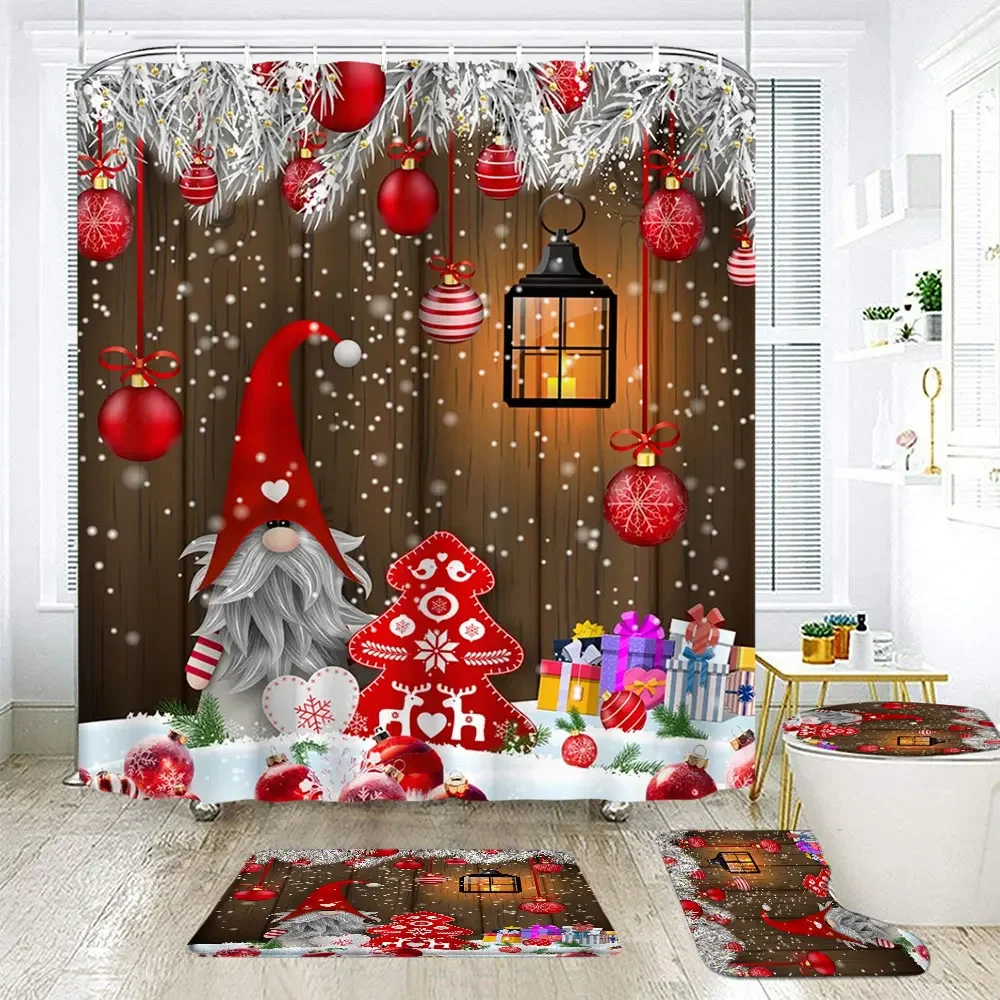 

Christmas Ambience Shower Curtain Rug Bathroom Set Snowman Elf Deer Xmas Gift Happy New Year Shower Curtains Set Bathroom Decor