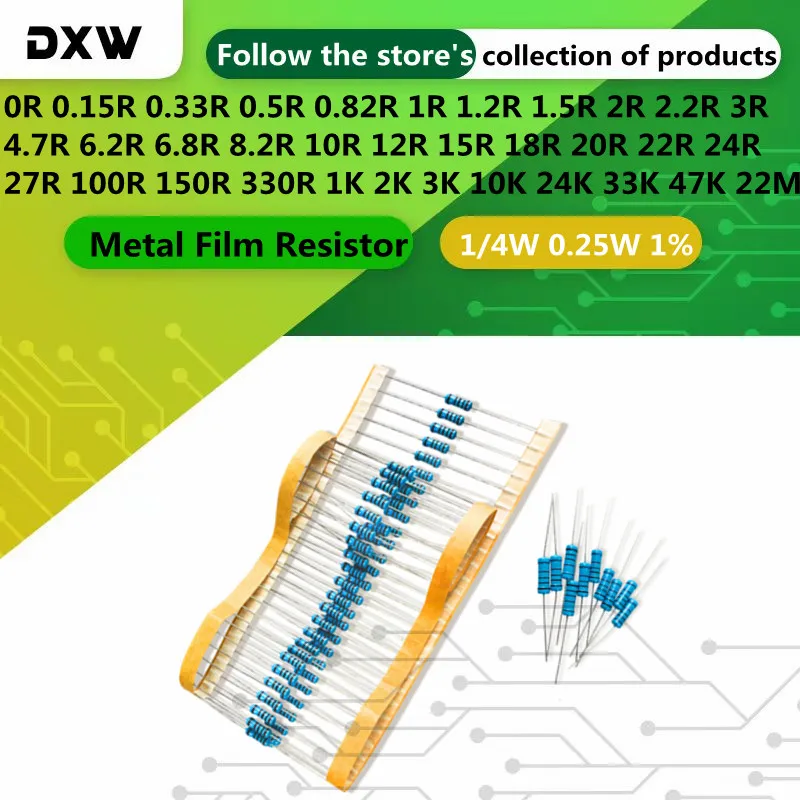 100pcs/Lot Metal Film Resistor 1/4W 1% 2.2R 10R 100R 120R 150R 220R 270R 330R 470R 1K 2.2K 4.7K 10K 100K 470K 1M 10M 20M 0.25W
100pcs/Lot Metal Film Resistor 1/4W 1% 2.2R 10R 100R 120R 150R 220R 270R 330R 470R 1K 2.2K 4.7K 10K 100K 470K 1M 10M 20M 0.25W