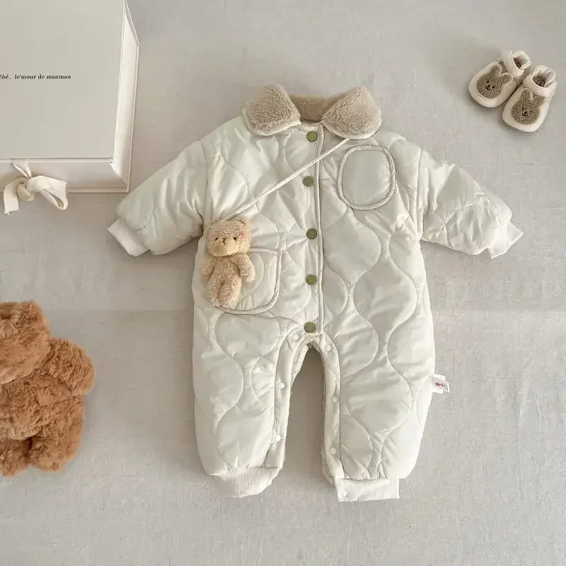 

New Baby Winter Romper Lamb Wool Lining Toddler Jumpsuit with Bear Toys Thick Warm Kids Outfit Infant Newborn Boys Girls Clothes