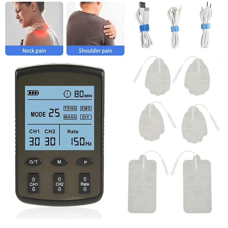 

25 Modes TENS Massager EMS Muscle Stimulator Acupuncture Dual Output Low Frequency Pulse Physiotherapy Slimming Machine Healthy