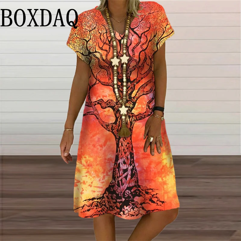 

Fashion Tie Dye Tree Print Women Dress Casual Short Sleeve Party Loose Mini Dress Summer Vintage Oversized Lady Clothes Sundress