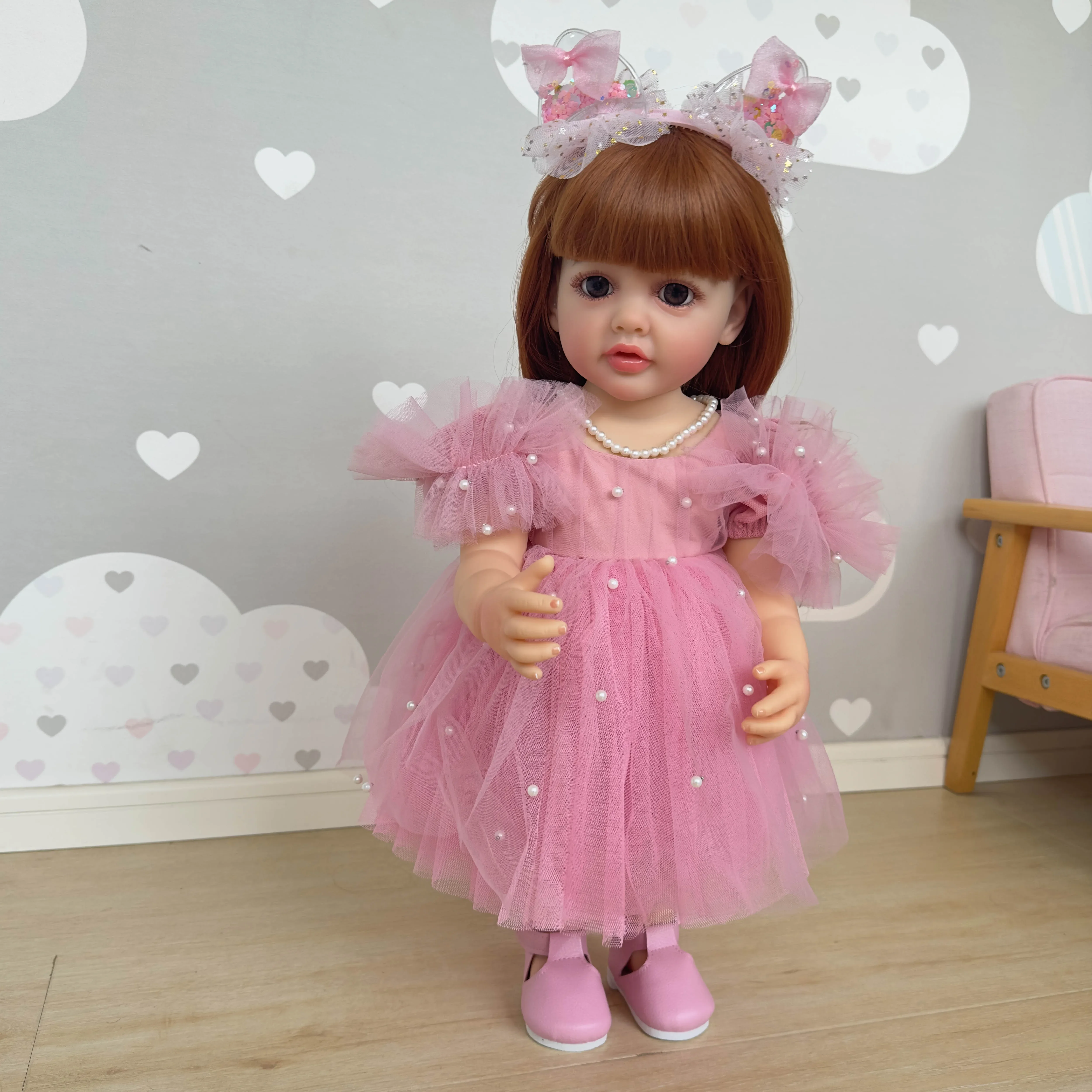 

NPK 22-дюймовая Мягкая силиконовая виниловая кукла новорожденная девочка принцесса Бетти с розовым платьем подарки для детей