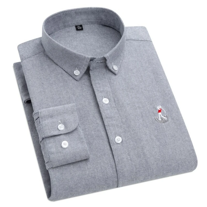 

Мужская Однотонная рубашка из 100% хлопка, деловая Повседневная рубашка с длинным рукавом, официальная рабочая одежда, высококачественный топ с вышивкой, 2024