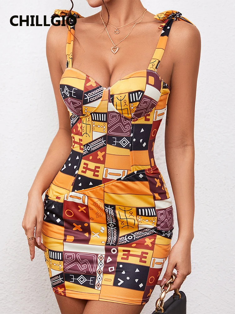 

CHILLGIO Summer Women Print Spaghetti Strap Sundress Fashion Bohemian Slim Mini Pencil Vestido Party Skinny Vintage Sheath Dress