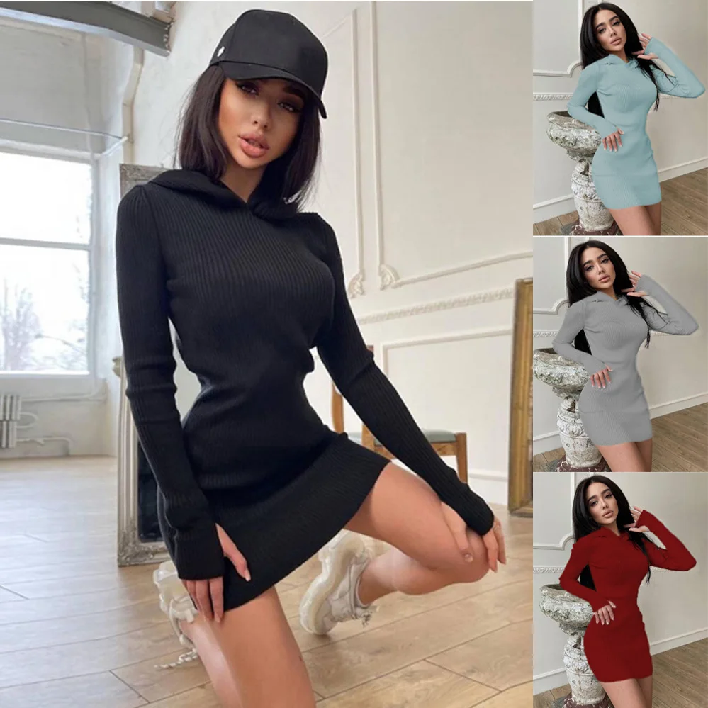 Fashionable women's autumn and winter style temperament commuting solid color hooded long sleeved woolen knit dress
Fashionable women's autumn and winter style temperament commuting solid color hooded long sleeved woolen knit dress