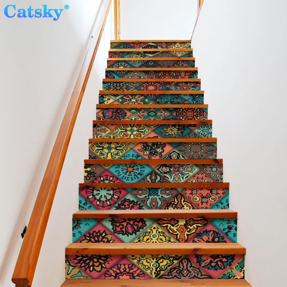 

Ethnic Style Printstyle,Mandala,6pcs 13pcs/Set Stair Floor Stickers Waterproof Removable Self Adhesive Diy Stairway Decals