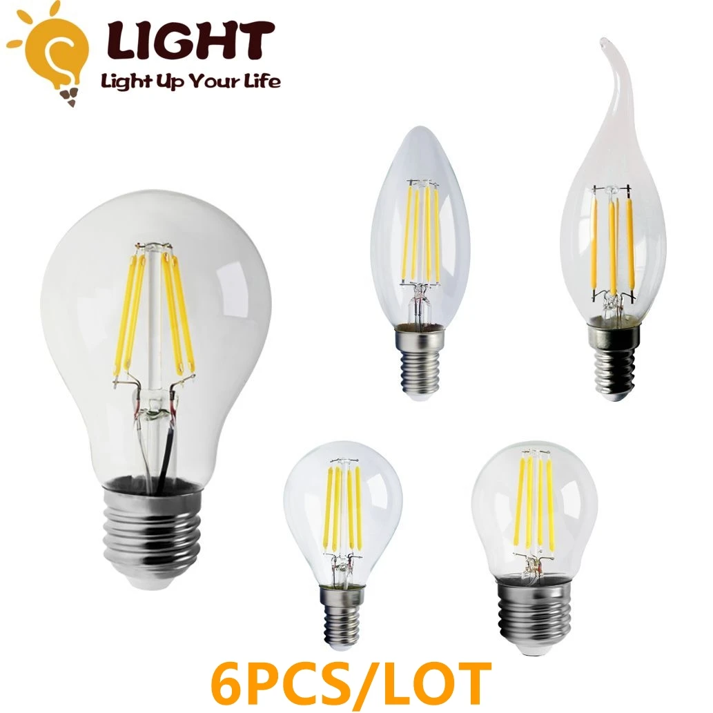 

6PCS LED Candle Bulb C35 G45 ST64 A60 Vintage Lamp E14 LED E27 220V LED Globe 4W 6W 8W Filament Edison LED Light Bulbs