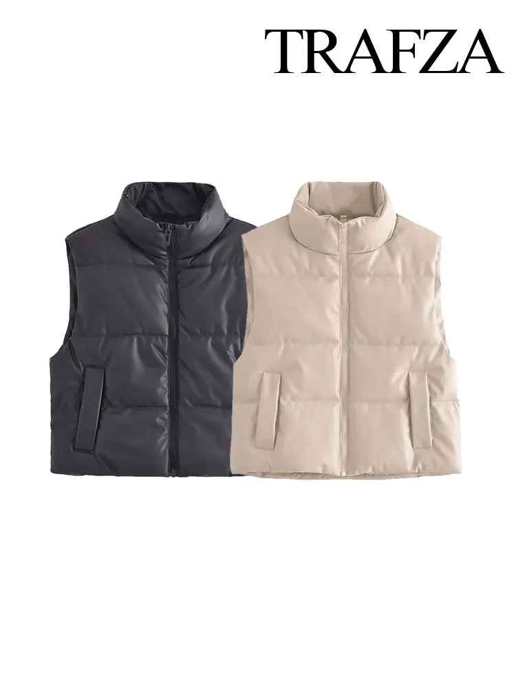 TRAFZA Winter Women's Faux Leather PU Cotton Vest Fashion Sleeveless Quilted Padded Jacket Stand Collar Zipper Vest Women's Top
TRAFZA Winter Women's Faux Leather PU Cotton Vest Fashion Sleeveless Quilted Padded Jacket Stand Collar Zipper Vest Women's Top