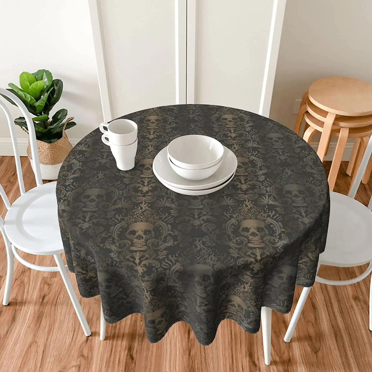 

Damask Halloween Gothic Skull Round Tablecloth 60 Inch Washable Polyester Table Cloth Water Resistant Spill Proof Table Cover