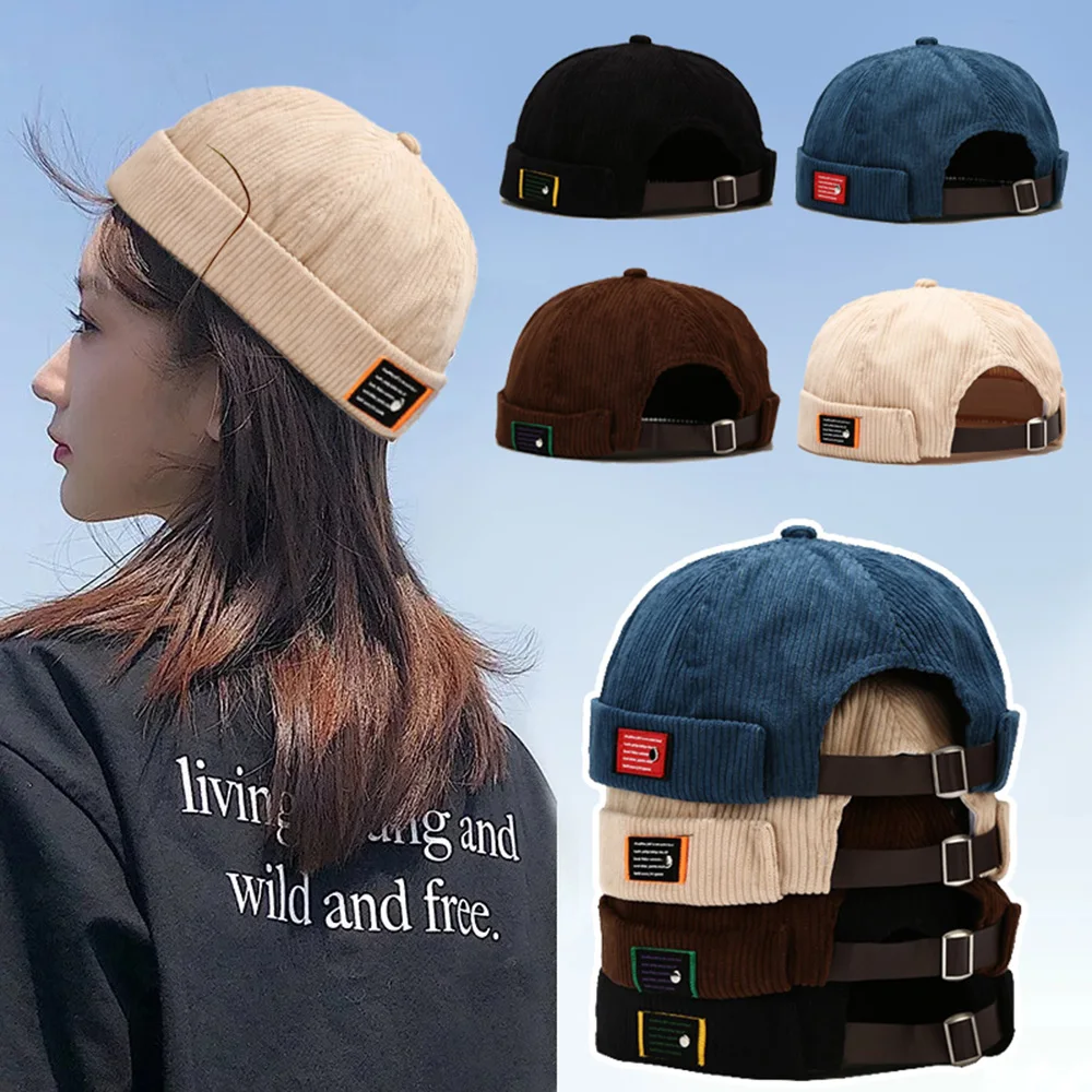 

Vintage Corduroy Beanie Hats Spring Docker Caps Streetwear Hip Hop Brimless Hat Melon Beanie Cap Women Men Landlord Hat