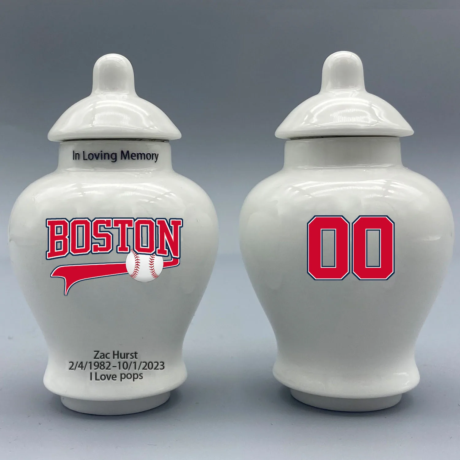

Mini Urn for Boston Red Sox-Baseball themed.Please send me the customization information - name/date and number on the urn