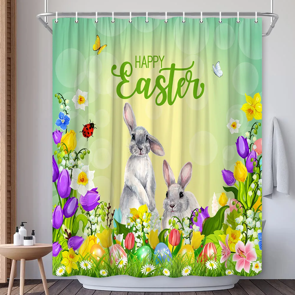 

Easter Bunny Shower Curtain Egg Tulip Meadow Barn Funny Bunny Home Bathtub Divider Bathroom Decoration Set Hooks Washable Fabric