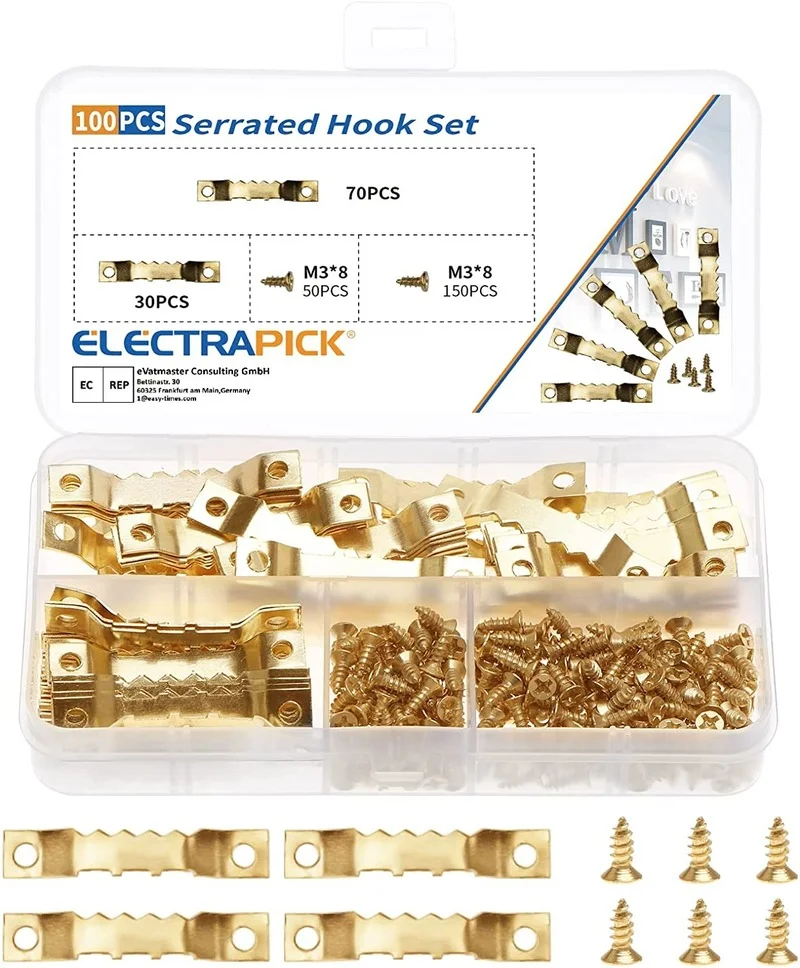 100pcs Golden Serrated Hook set Picture Hangers Picture Hooks Sawtooth Hangers for Picture Frames Double Hole with 200 Screws
100pcs Golden Serrated Hook set Picture Hangers Picture Hooks Sawtooth Hangers for Picture Frames Double Hole with 200 Screws