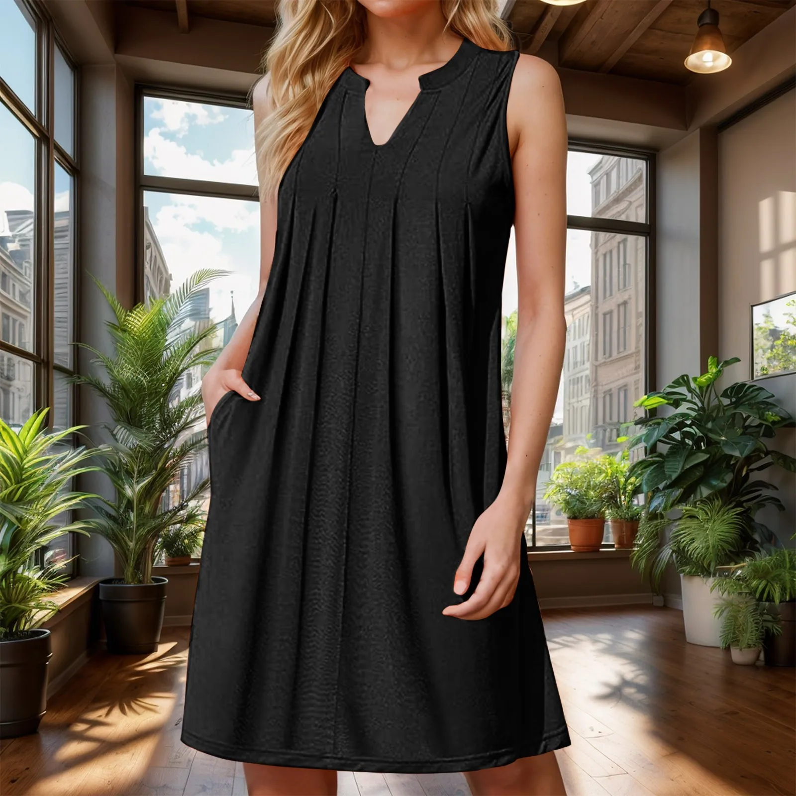 

Simple Women V Neck Folds Pleated Party Dress New Summer Elegant Solid Office Mini Dress Sexy Sleeveless Tank Summer Beach Dress