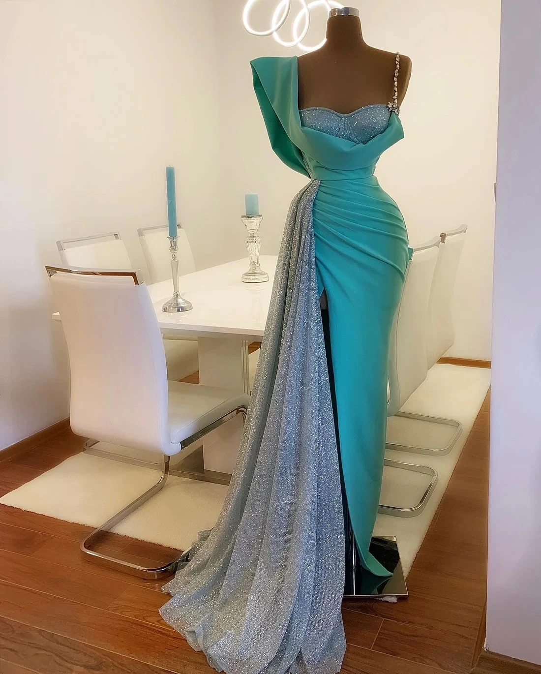 

Turquoise Haute Couture Prom Dresses Sheath Spaghetti Straps Beaded Slit Saudi Arabia Dubai Robe De Soiree Evening Dress Gown