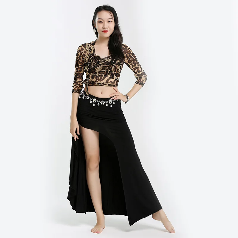 

2023 New Autumn Costume Women Belly Dance Dress Female Latin Sexy Leopard Print Long-sleeved Top And Black Slit Long Skirt