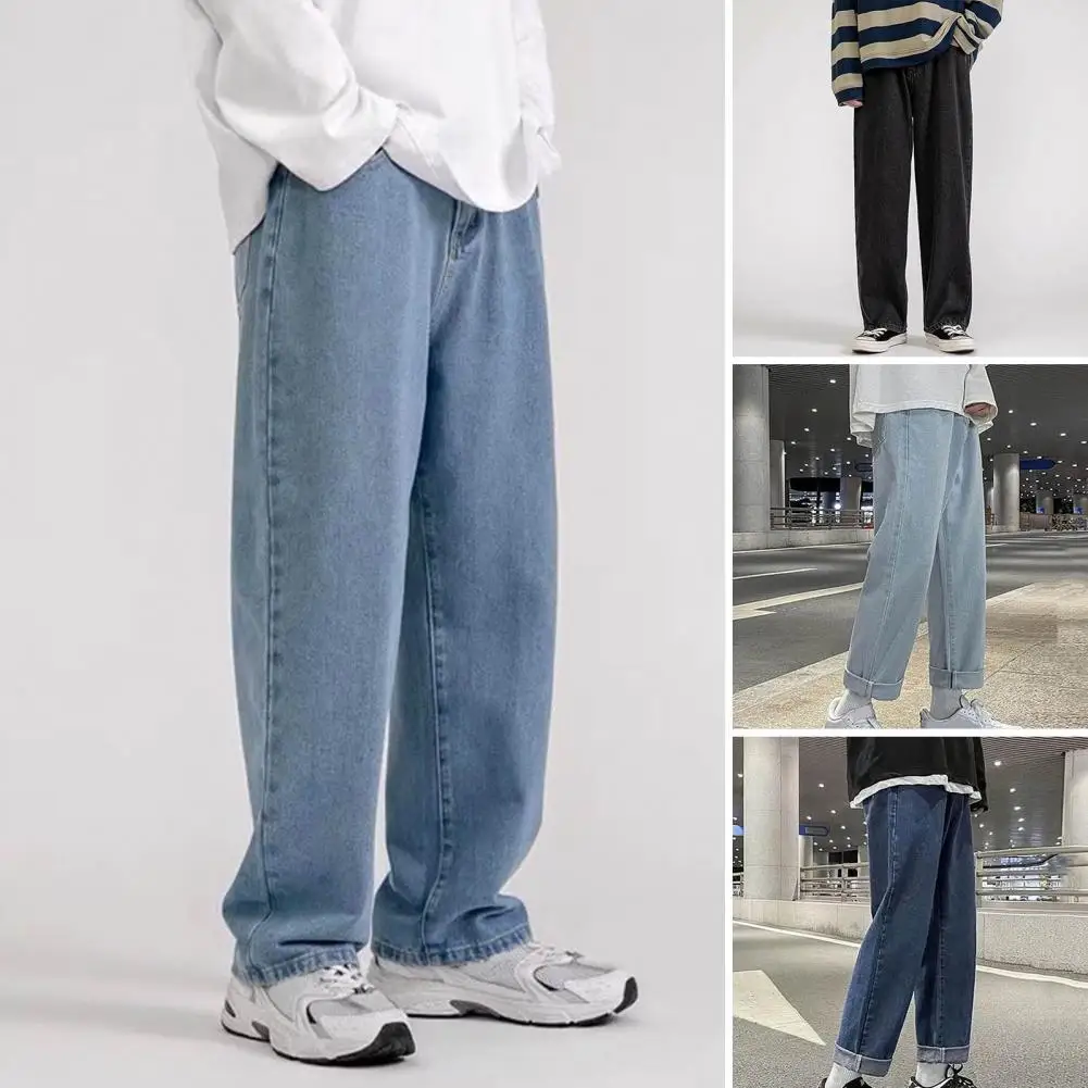 

Мужские прямые джинсы на молнии, повседневные длинные однотонные прямые брюки из денима с широкими штанинами, с карманами, на пуговицах, корейский стиль, 2024