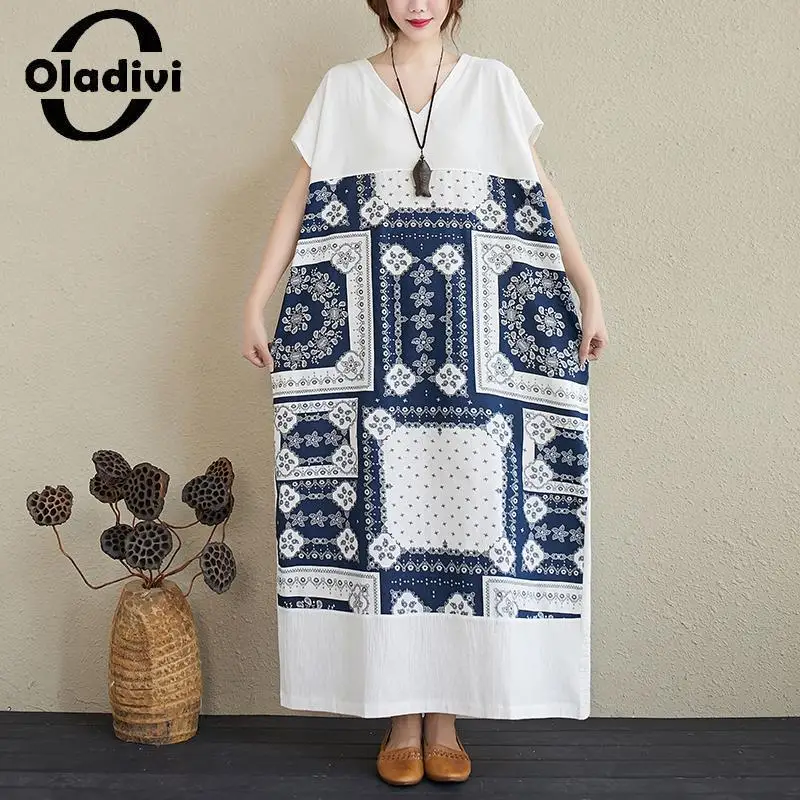 Oladivi Summer Fashion Print Cotton Linen Dress for Women 2023 New Casual Loose Long Dresses Oversized Large Size Clothing 52233 
Oladivi Summer Fashion Print Cotton Linen Dress for Women 2023 New Casual Loose Long Dresses Oversized Large Size Clothing 52233