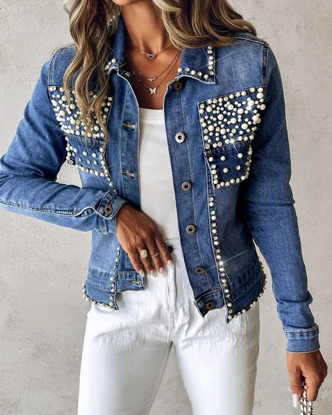 Denim Jacket for Women 2023 Autumn Spring New Fashion Casual Rhinestone Pearl Decor Denim Jacket Coat Female Clothing Outfits
Denim Jacket for Women 2023 Autumn Spring New Fashion Casual Rhinestone Pearl Decor Denim Jacket Coat Female Clothing Outfits