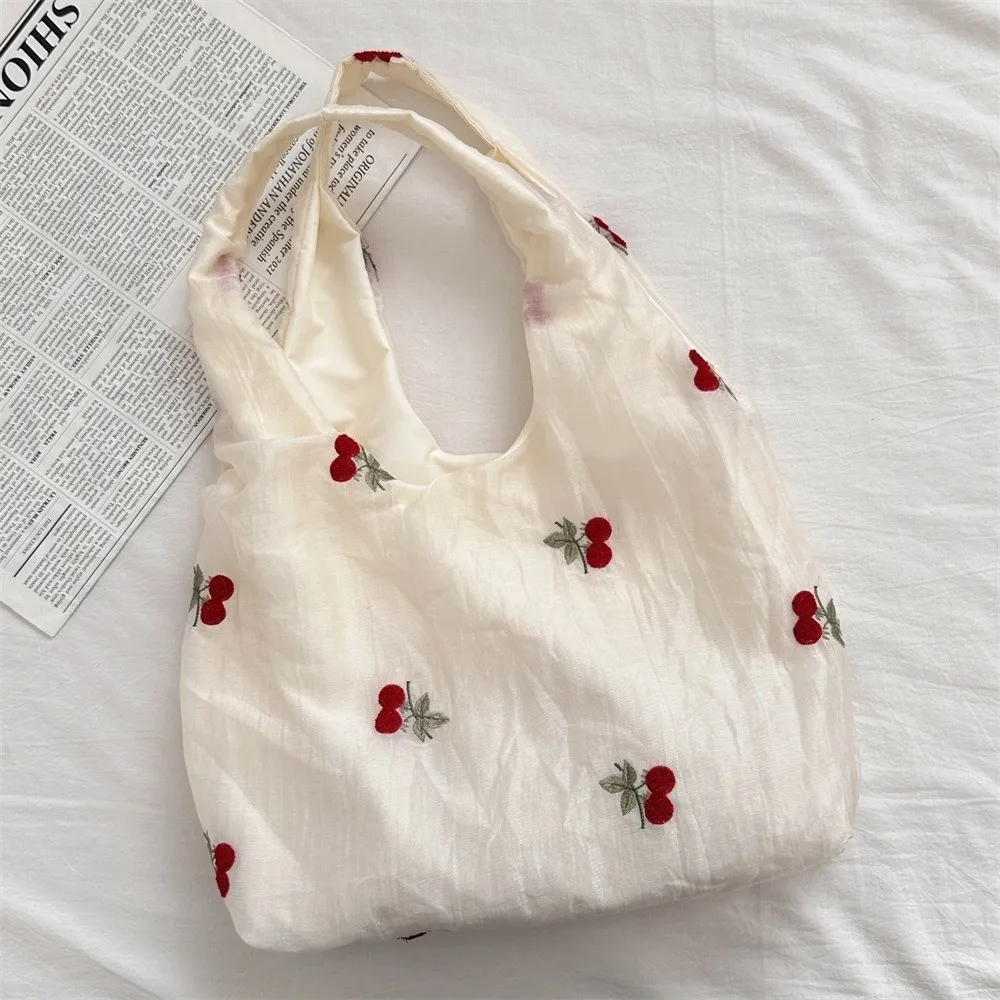 Simple Embroidered Bow Tote Bag Chiffon Solid Color Cherry Shoulder Bag Light Weight Korean Style Canvas Underarm Bag Handbag Simple Embroidered Bow Tote Bag Chiffon Solid Color Cherry Shoulder Bag Light Weight Korean Style Canvas Underarm Bag Handbag