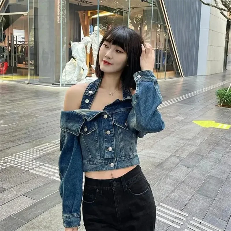 

2023 Ropa Mujer Harajuku Jean Jacket Woman Sexy Slash Neck Tunic Y2k Tops Streetwear Outwear Fashion Casual Korean Denim Coat