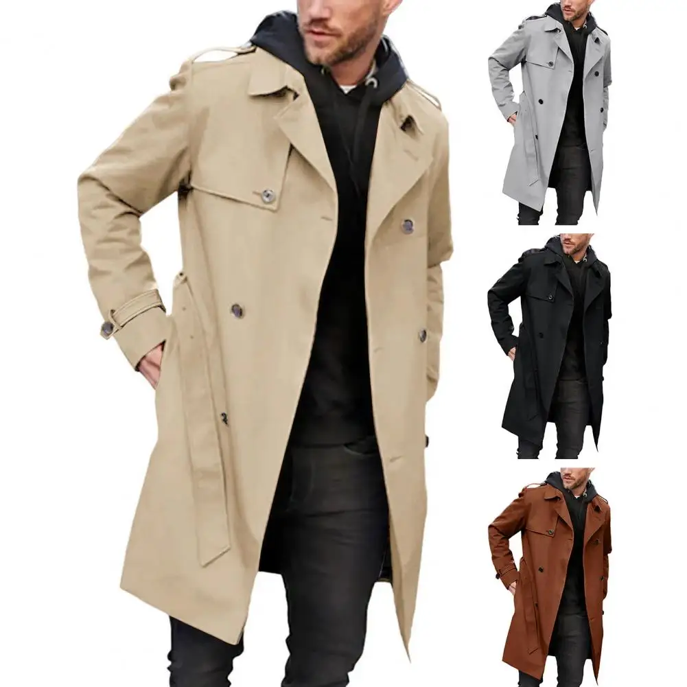 

Мужская двубортная ветровка, однотонная ветровка, Стильное мужское двубортное длинное пальто с поясом и карманами для осени