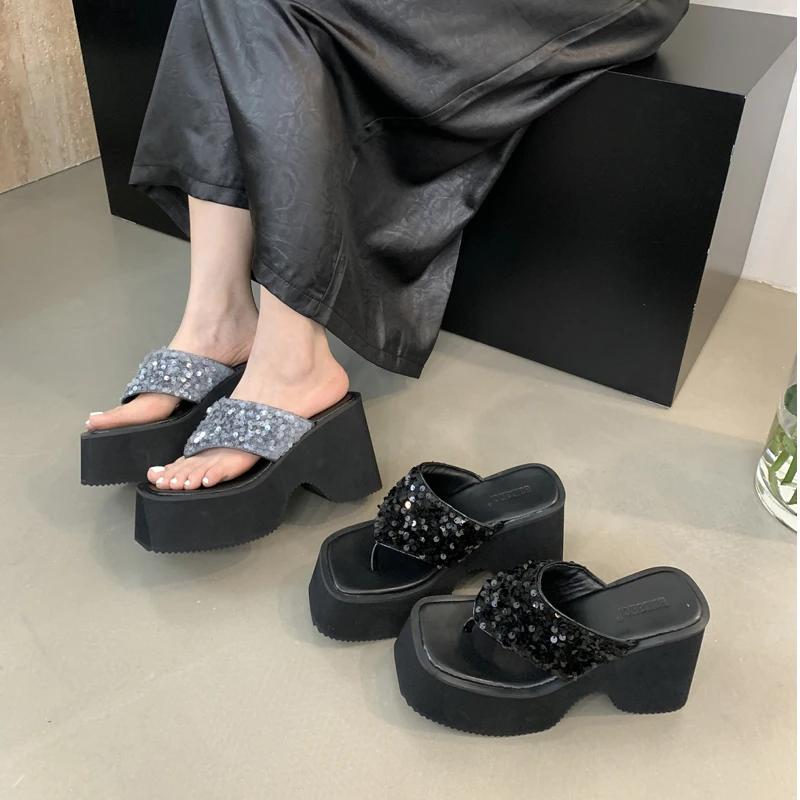 Black Flip Flops Summer Wedges Platform Sandals Women Sequin Chunky Heeled Slippers Casual High Heels Zapaitallas De Mujer
Black Flip Flops Summer Wedges Platform Sandals Women Sequin Chunky Heeled Slippers Casual High Heels Zapaitallas De Mujer
