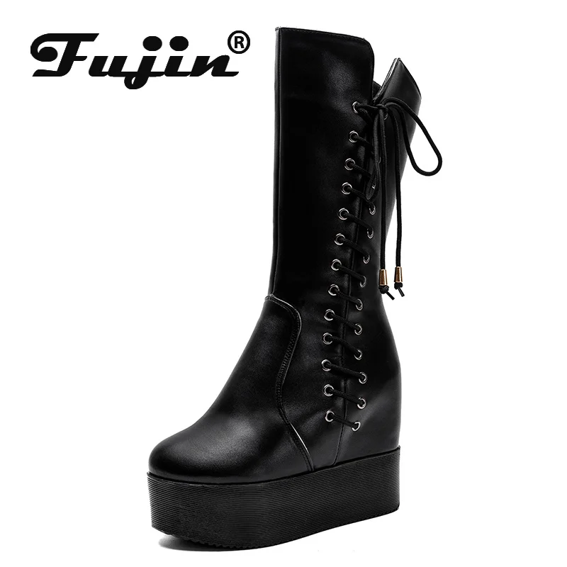 

Fujin 10cm Microfiber Leather Platform Wedges Autumn Shoes Plush Knee High Boots Woman Plush Modern Hidden Heel Winter Fashion