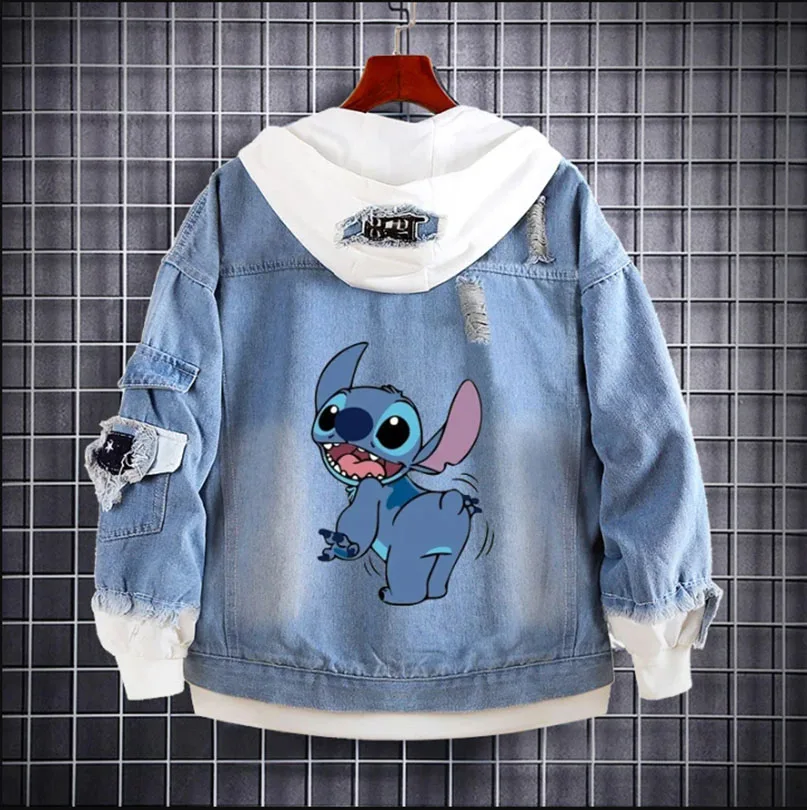 

Disney Lilo Stitch Denim Jacket Boys Cartoon Hooded Sweatshirt Mens Hip Hop Harajuku Streetwear Adult Childrens Casual Jean Coat