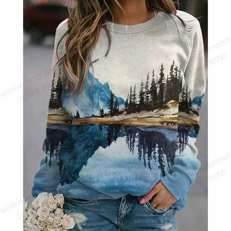 

Vintage Hoodie Women Fashion O-neck Hoodies Scenery Print Sweats Women Hoodies Sweatshirts Long Sleeve Coat Crew Neck Pullovers