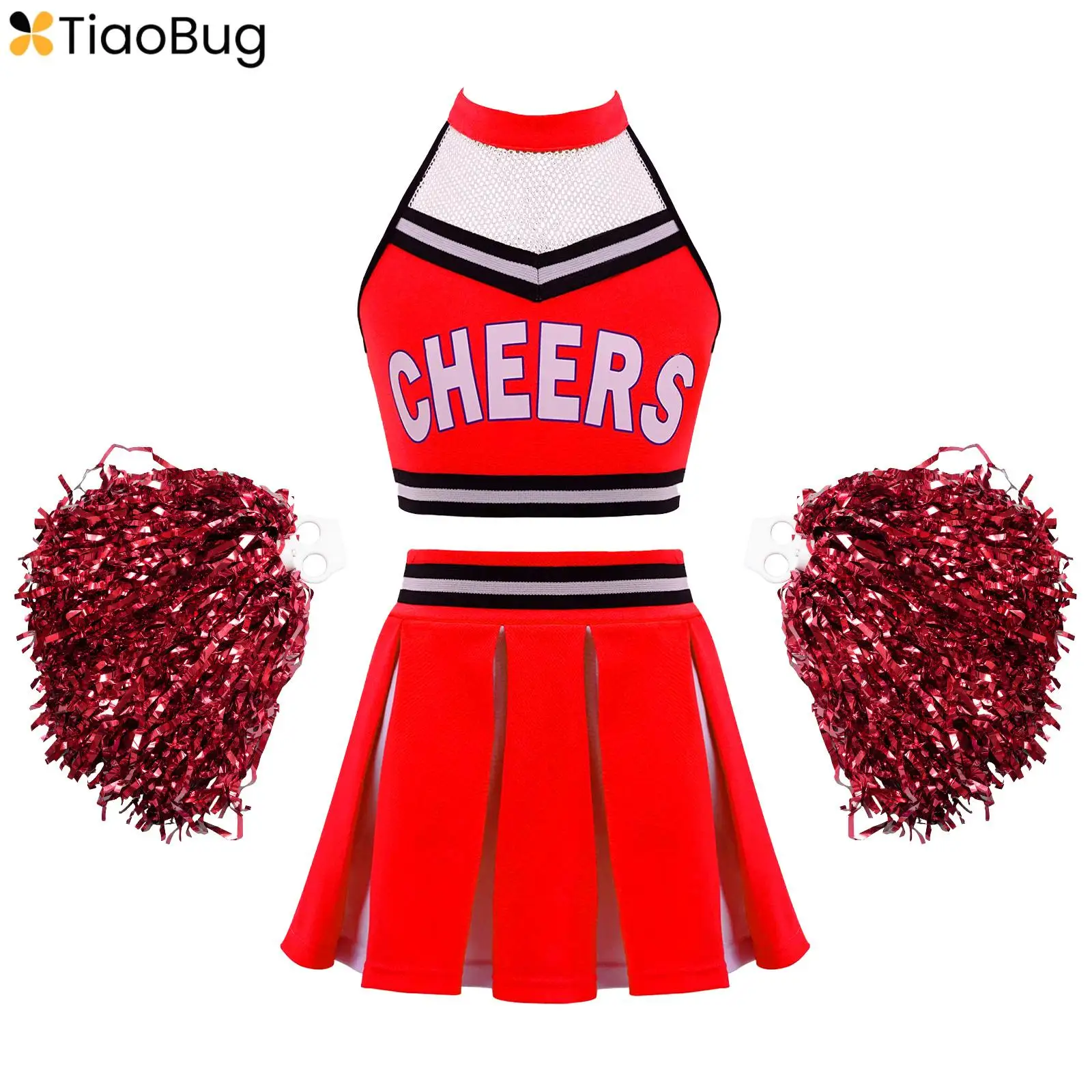 

Kids Girls Cheerleader Costume Cheerleading Uniform High School Top with Pleated Skirt Sets Carnival Dance Outfits and Pom Poms
