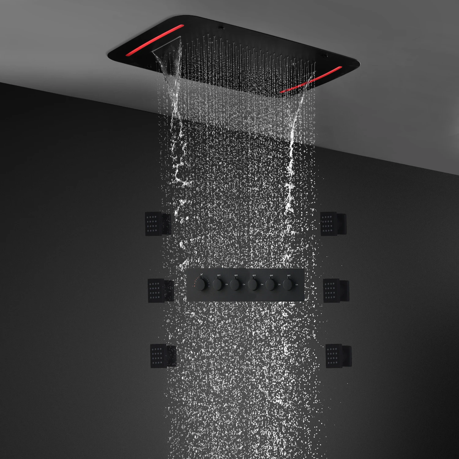 

Luxury Matte Black LED Shower System Set Rainfall Waterfall Shower Head Bathroom Thermostatic Mixer Faucets With Side Spray