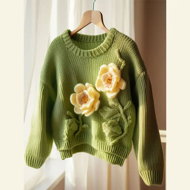 

This year's fashion beautiful fashion knitwear high-grade sense super good-looking heavy green flower sweater coat women