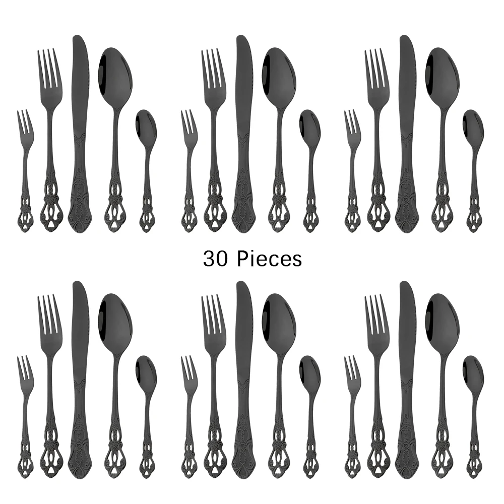 

Royal Type 30pcs High Class Tableware Set Western Stainless Steel Flatware Cutlery Black Spoons Fork Knife Dinnerware Silverware