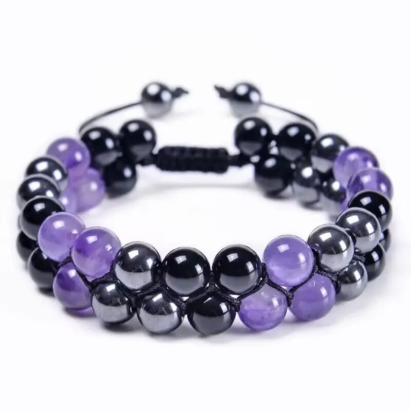 

Amethyst Bracelet Triple Protection for Women Men,Healing Crystal Black Obsidian Hematite 8mm Handmade Bead Jewelry Gifts