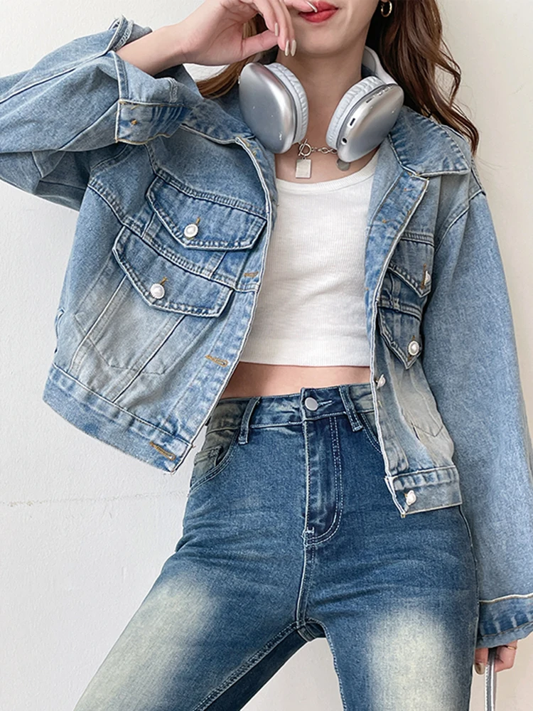 

Vintage Denim Jackets for Women Button Down Cropped Frayed Jean Jacket Long Sleeve Denim Jacket Coat 2024 New Streetwear Outfits