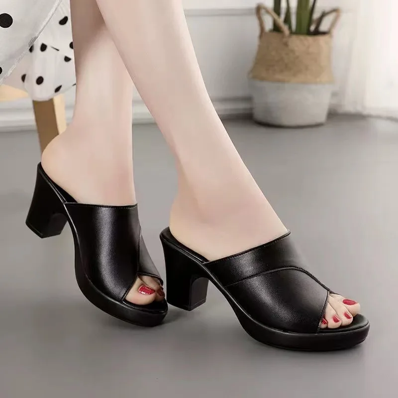 Summer Women's high-heel Slippers Fashion versatile soft leather shoes Thick bottom fish mouth slippers Comfort ladies Sandals 23 S62bf76f8f0a6416d872d28bda1b6cbd6R