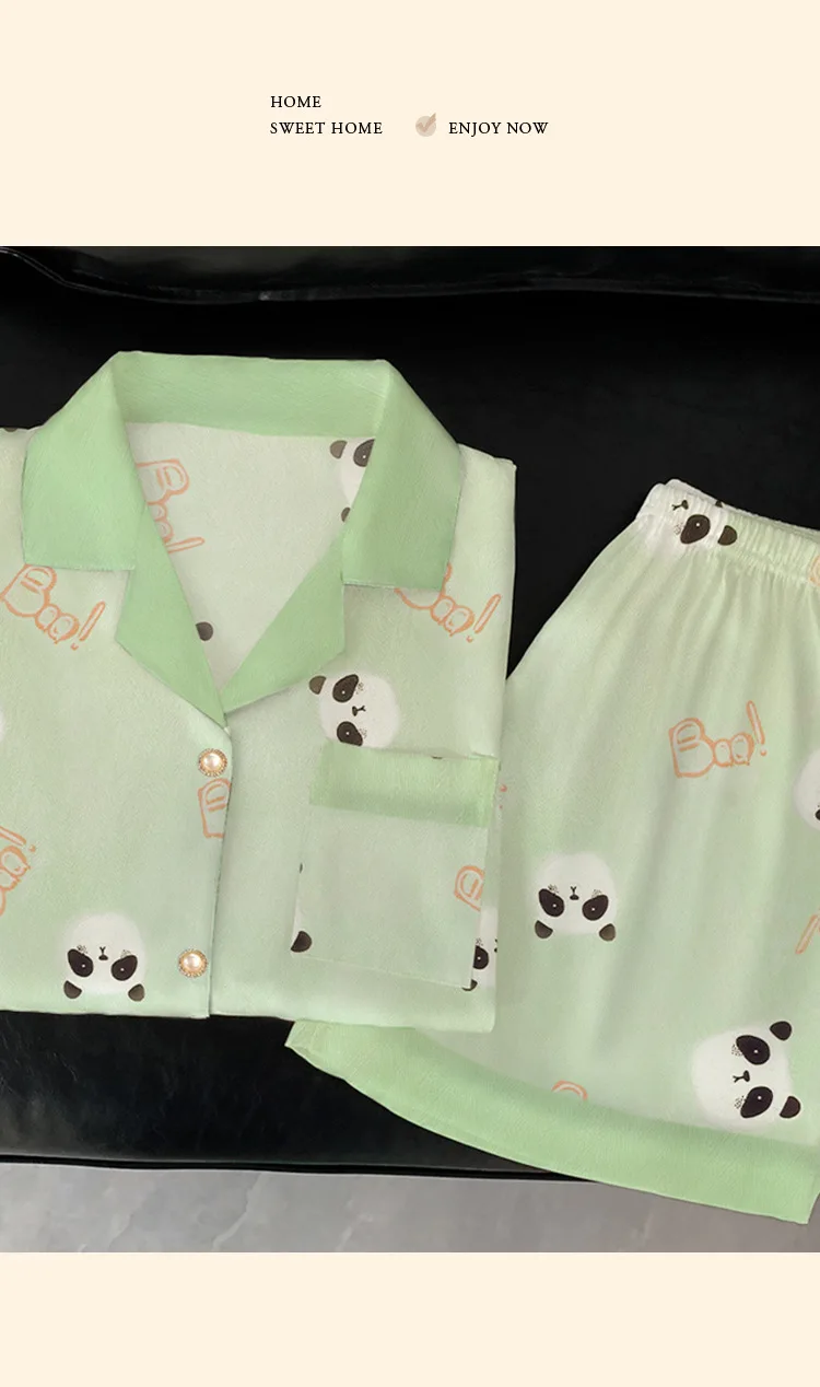 Summer Women's Ice Silk Fashion New Cartoon Pajamas Homewear Set Girls Color Collision Lapel Short-Sleeved Casual Homewear Set 36 S62bfa696e9fe4a7fb8a7c95b8e15891c8
