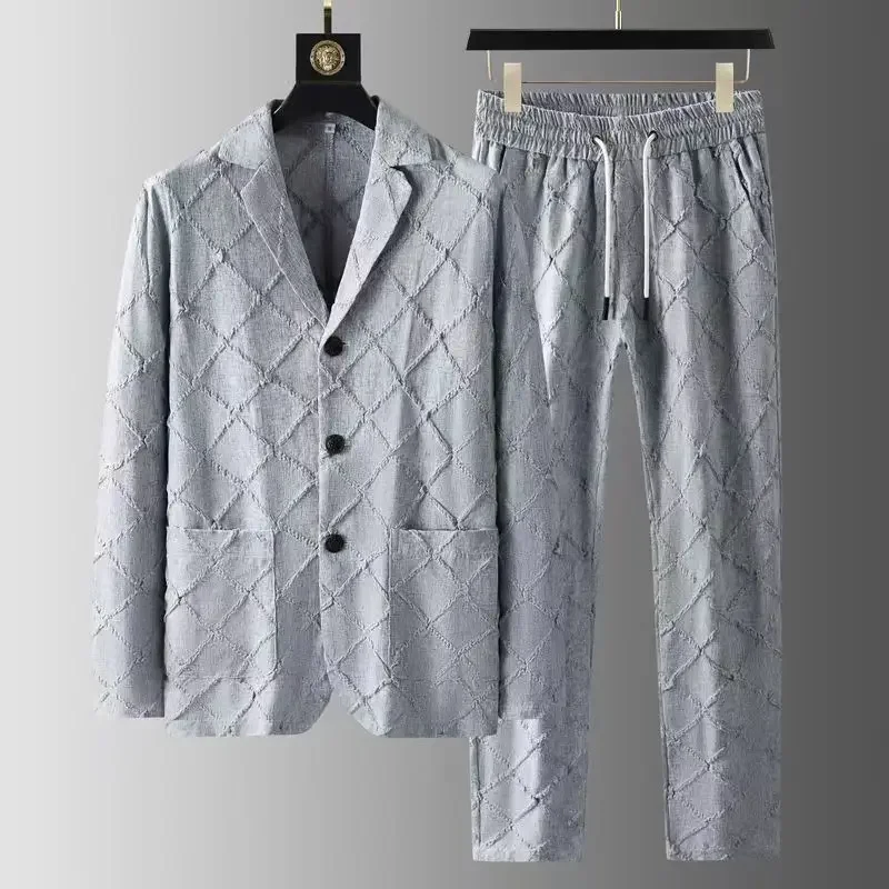 

Костюм мужской из двух предметов, Блейзер, пиджак с длинным рукавом, брюки на шнуровке, винтажный клетчатый Повседневный приталенный модный костюм в Корейском стиле, весна-осень