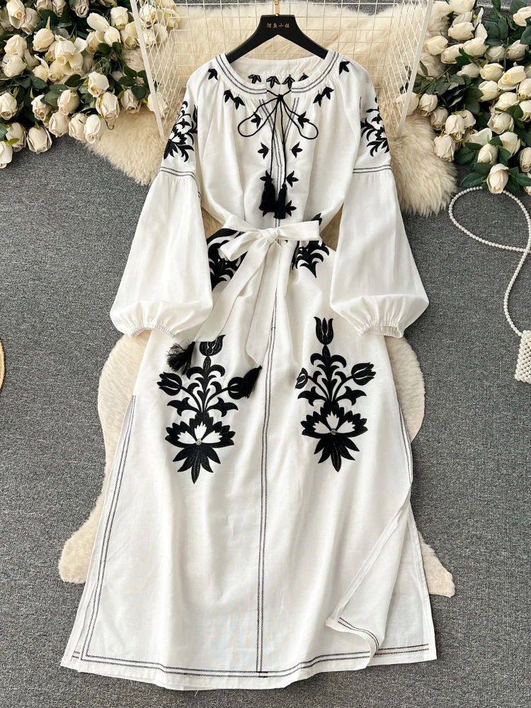 

Женское пляжное платье с длинным рукавом, винтажное платье с цветочной вышивкой в стиле бохо, повседневное облегающее длинное платье, X831, весна-осень