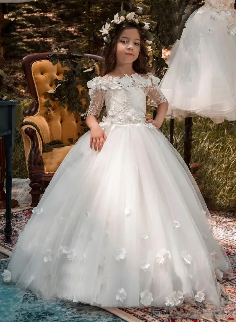 

Cute Sheer Jewel Neck Long Sleeves Lace with Sash Back Formal Party Wear Birthday Princess First Communion Flower Girl Dresses