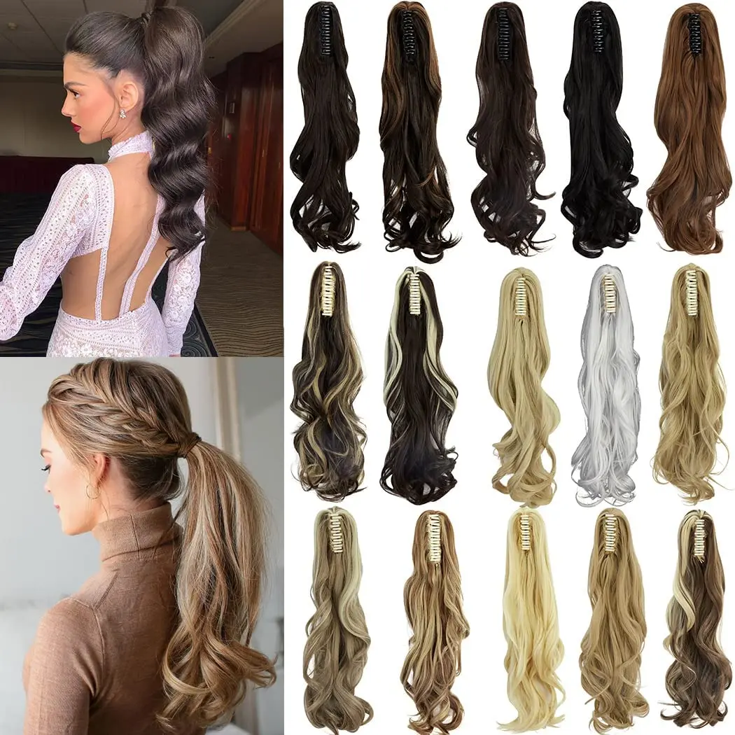 

Synthetic Claw Clip In Ponytail Hair Extensions Hairpiece 24" Fake Blonde Hair Wavy False Pigtail With Elastic Band Horse Tail