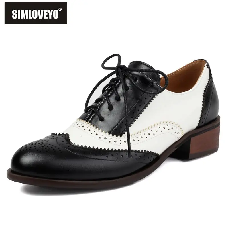 

SIMLOVEYO British Style Vintage Women Flats Round Toe Thick Heels Hollow Mixed Color Lace Up Brogues Casual Shoes Big Size 47 48
