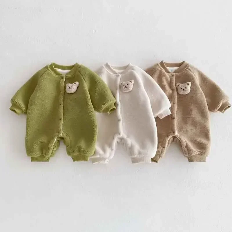 

2023 Winter Baby Romper 0-3Years Newborn Boy Girl Solid Color Long Sleeve Bear Fleece Thicken Warm Jumpsuit Outerwear Clothes