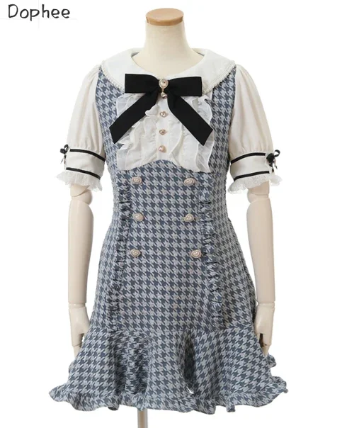 

Dophee Japan Styles Landmine Series Women Dresses Elegant Lace Splicing Bow Peter Pan Collar Ruffles Plaid Cute Lolita Dress