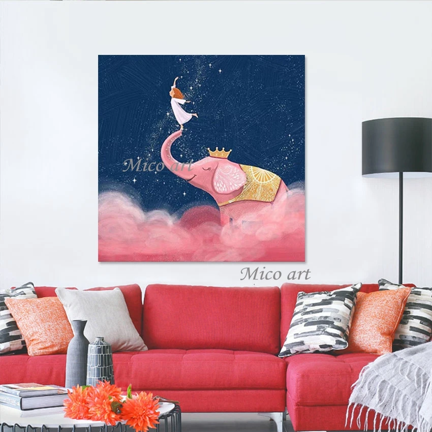 

Small Girl Picture Cartoon Hand Painted Wall Frameless Abstract Acrylic Elephant Painting Canvas Art Animal Decoration Artwork
