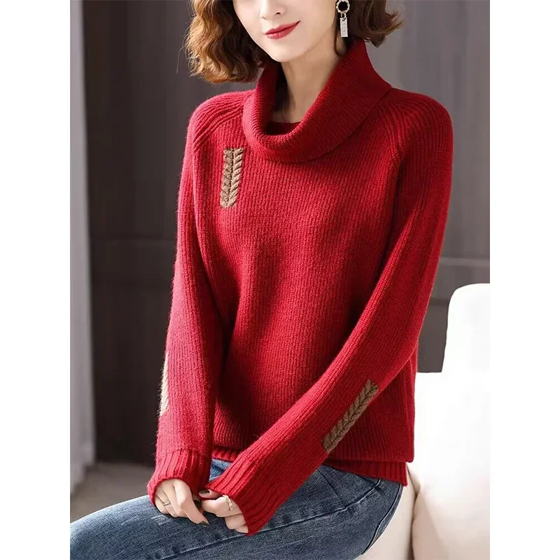 

Women Clothing Turtleneck Thick Embroidery Loose Sweaters Early Spring Knitwear Solid Casual Soft Knitted Fashion Pullover Top