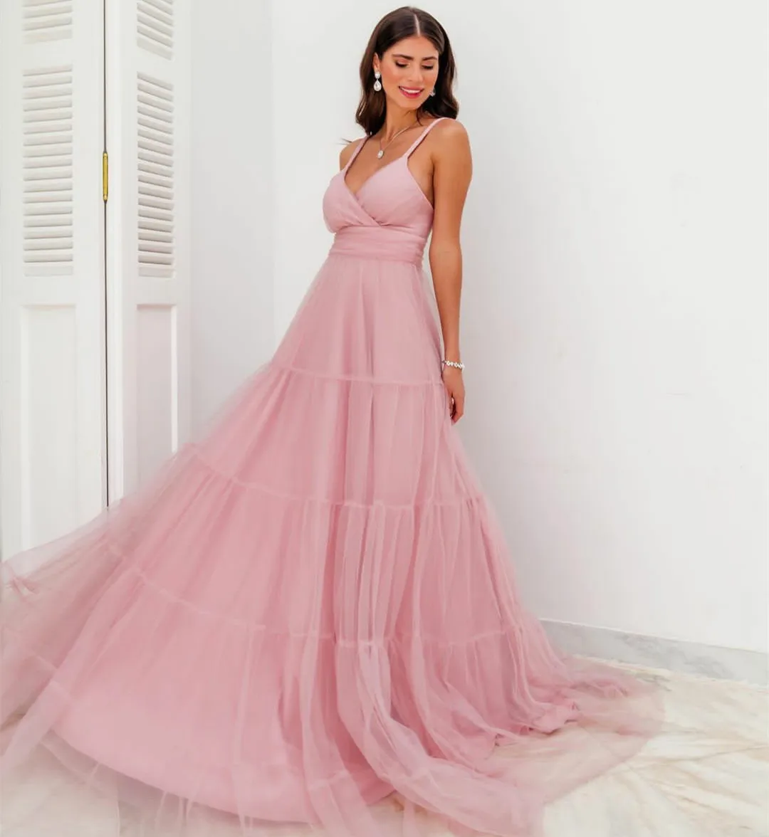 Sexy Long V-Neck Tulle Pink Evening Dresses A-Line Spaghetti Straps Zipper Back Abendkleider Robes de Soirée for Women
Sexy Long V-Neck Tulle Pink Evening Dresses A-Line Spaghetti Straps Zipper Back Abendkleider Robes de Soirée for Women